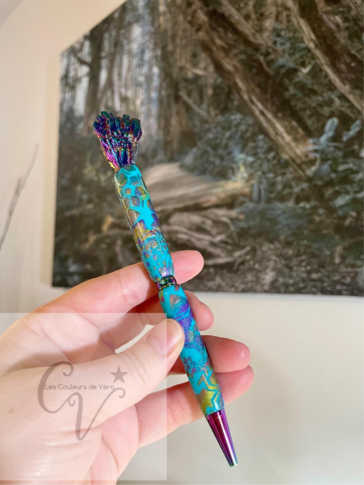 Stylo bille en pâte polymère - orné d'une pierre précieuse Tourmaline Noire Naturelle