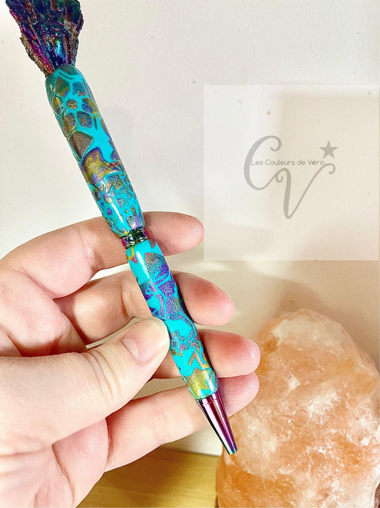 Stylo bille en pâte polymère - orné d'une pierre précieuse Tourmaline Noire Naturelle