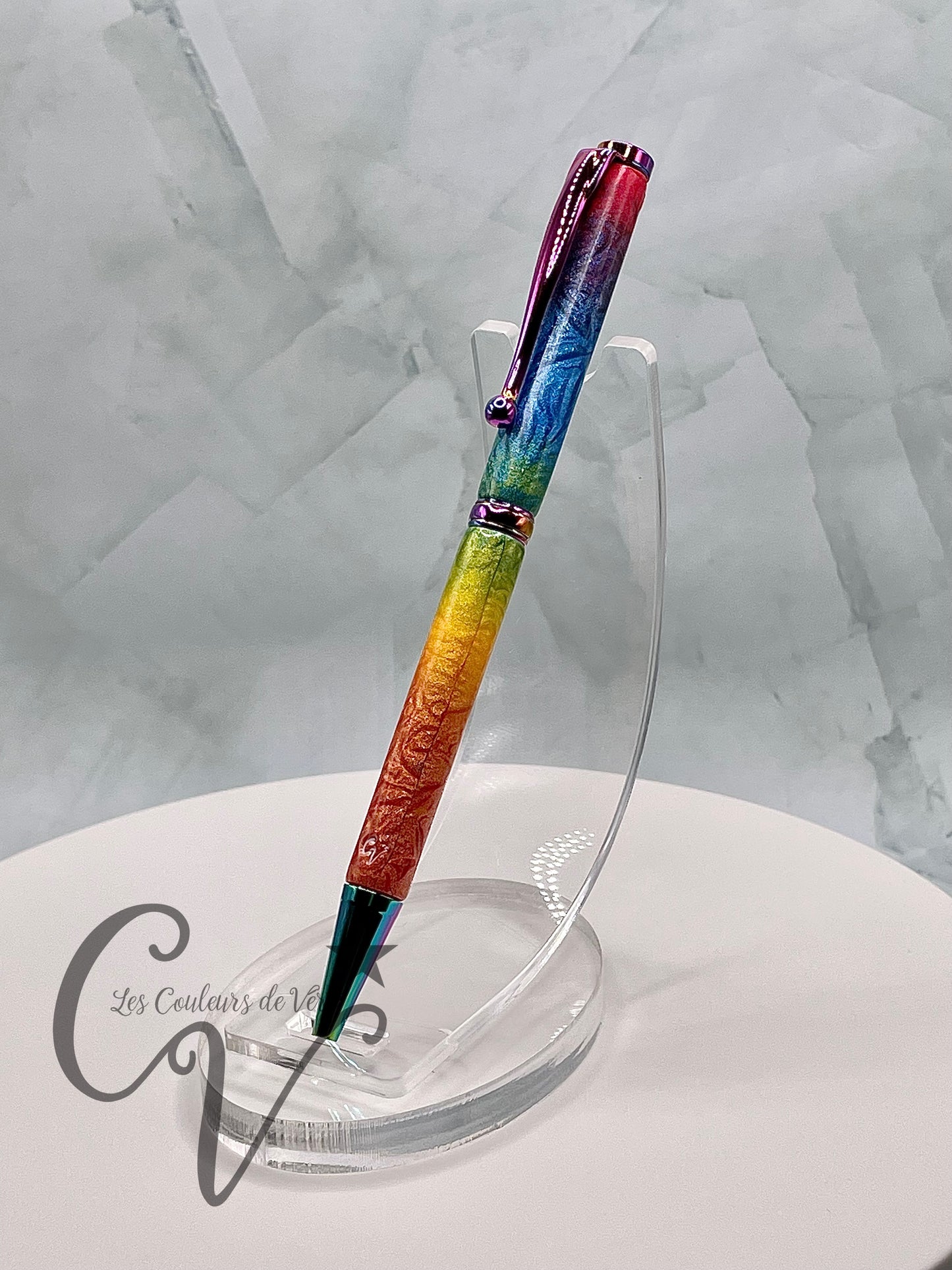 Stylo bille de collection à torsion mince Slimline, plaquage caméléon; Arc-en-ciel fleurale enchantée!