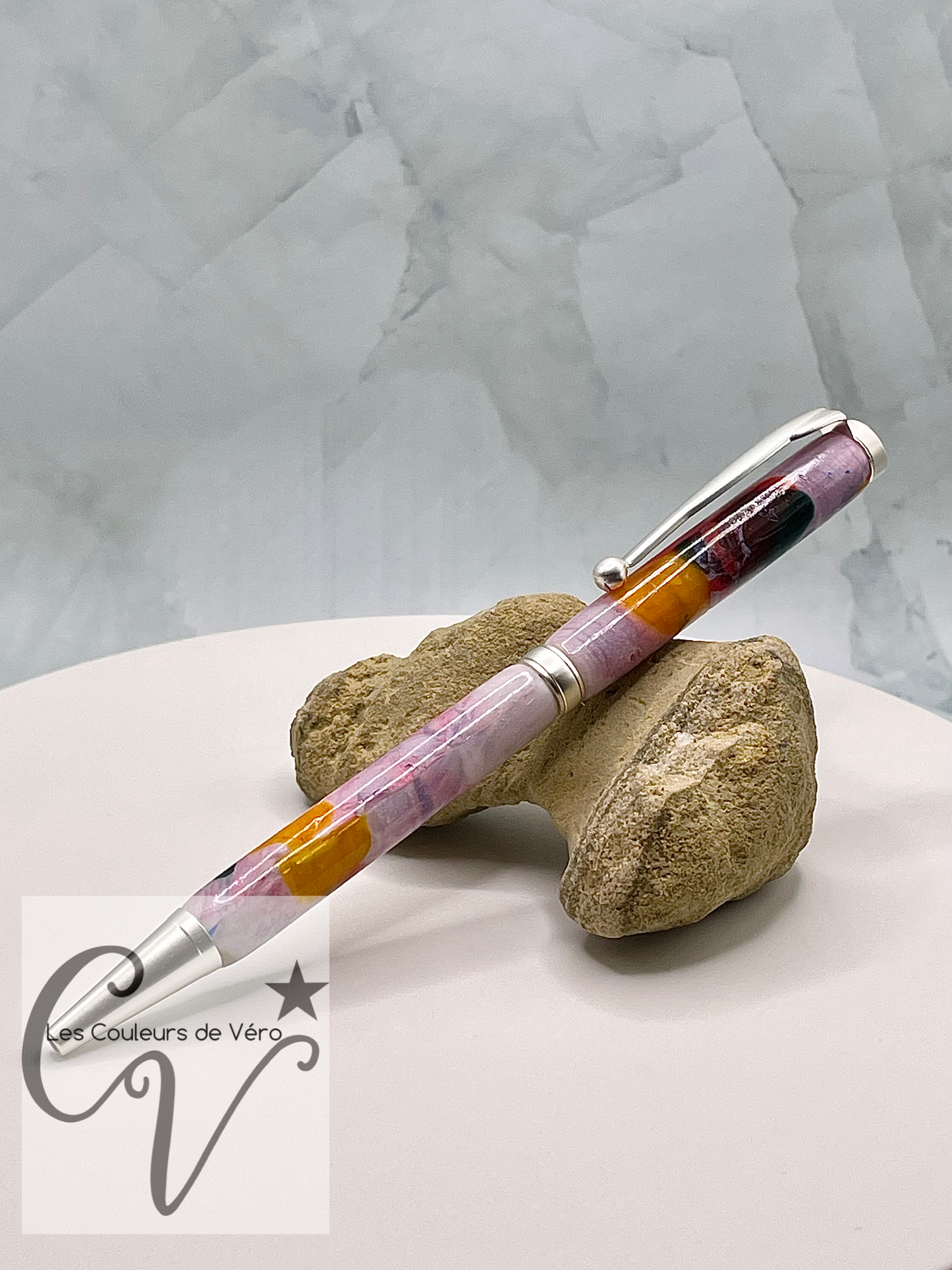 Stylo bille de collection à torsion ligne mince Slimline, plaquage argent brossé; Marbré multicolores!