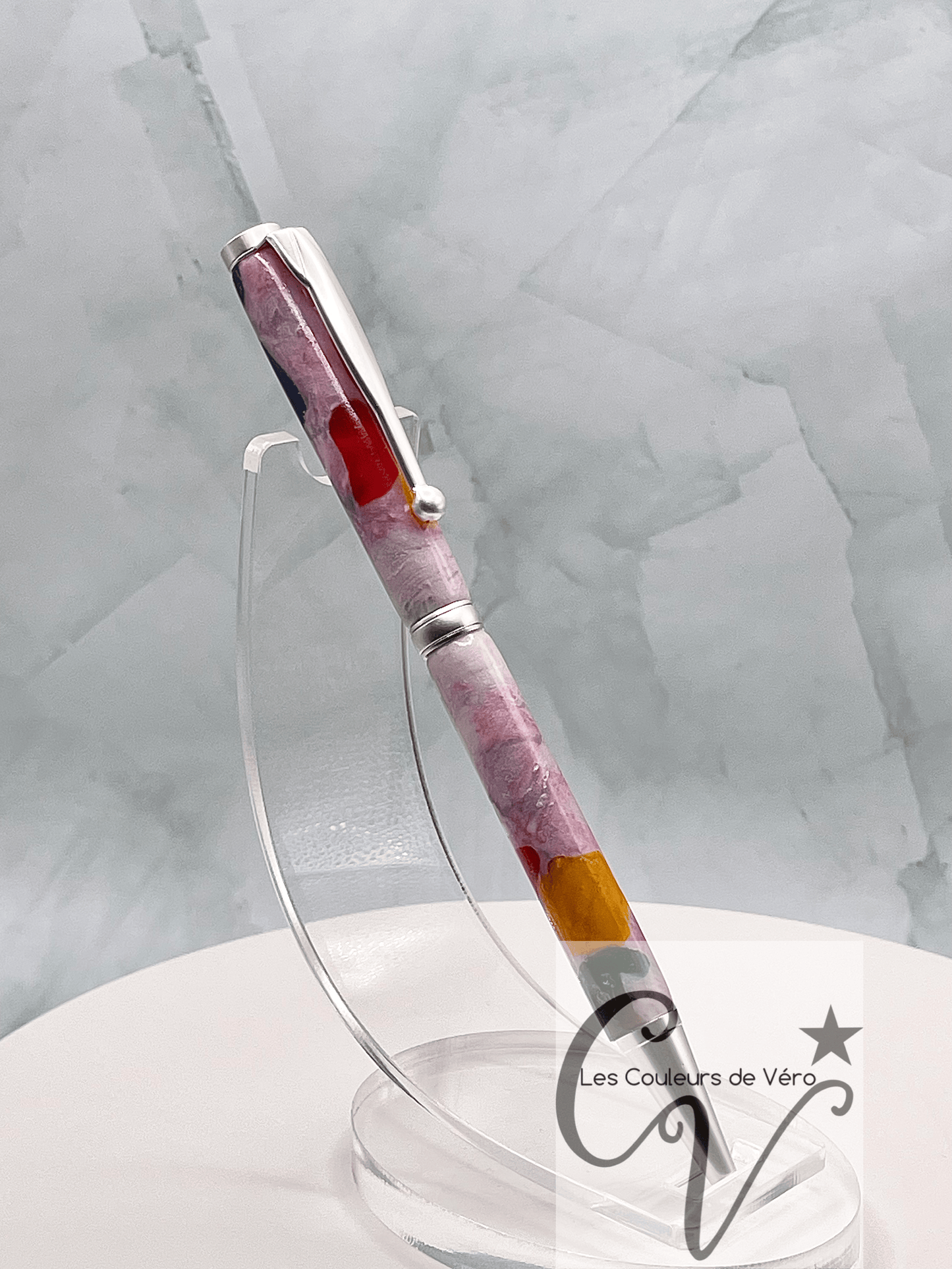 Stylo bille de collection à torsion ligne mince Slimline, plaquage argent brossé; Marbré multicolores!