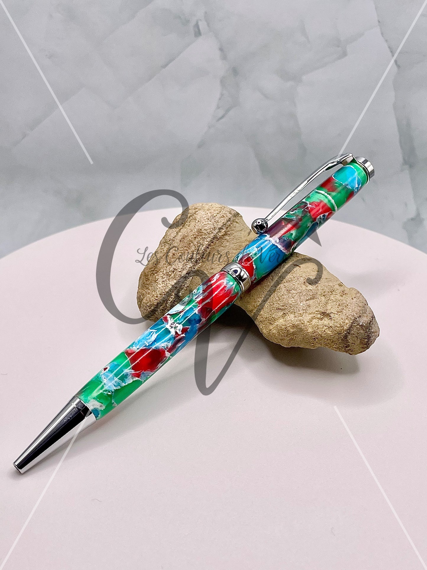 Stylo bille de collection à torsion mince Slimline, placage argent; Pierres précieuses brillantes!