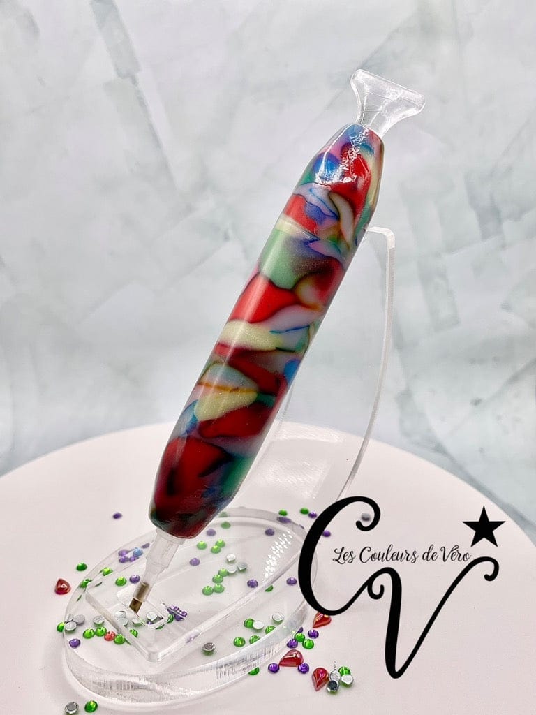 Stylet / crayon diamond painting Motif pierres précieuses bleu vert blanc rouge transparence