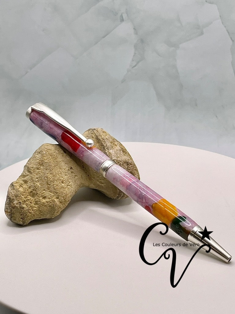 Stylo bille de collection à torsion ligne mince Slimline, plaquage argent brossé; Marbré multicolores!