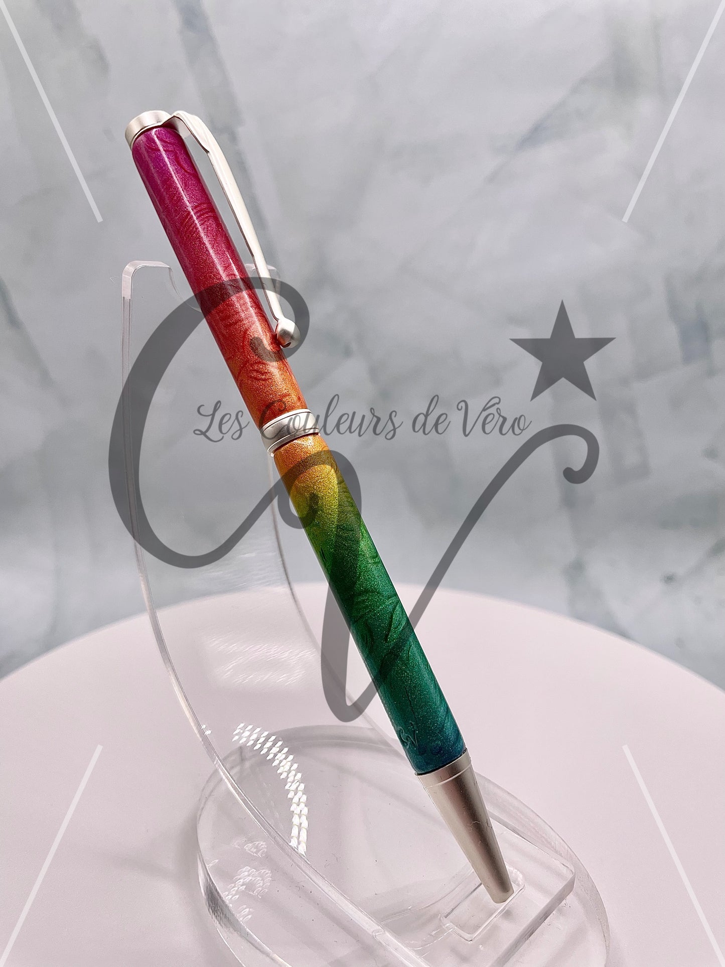 Stylo bille de collection à torsion mince Slimline, plaquage argent brossé; Fleurs d'arc-en-ciel!