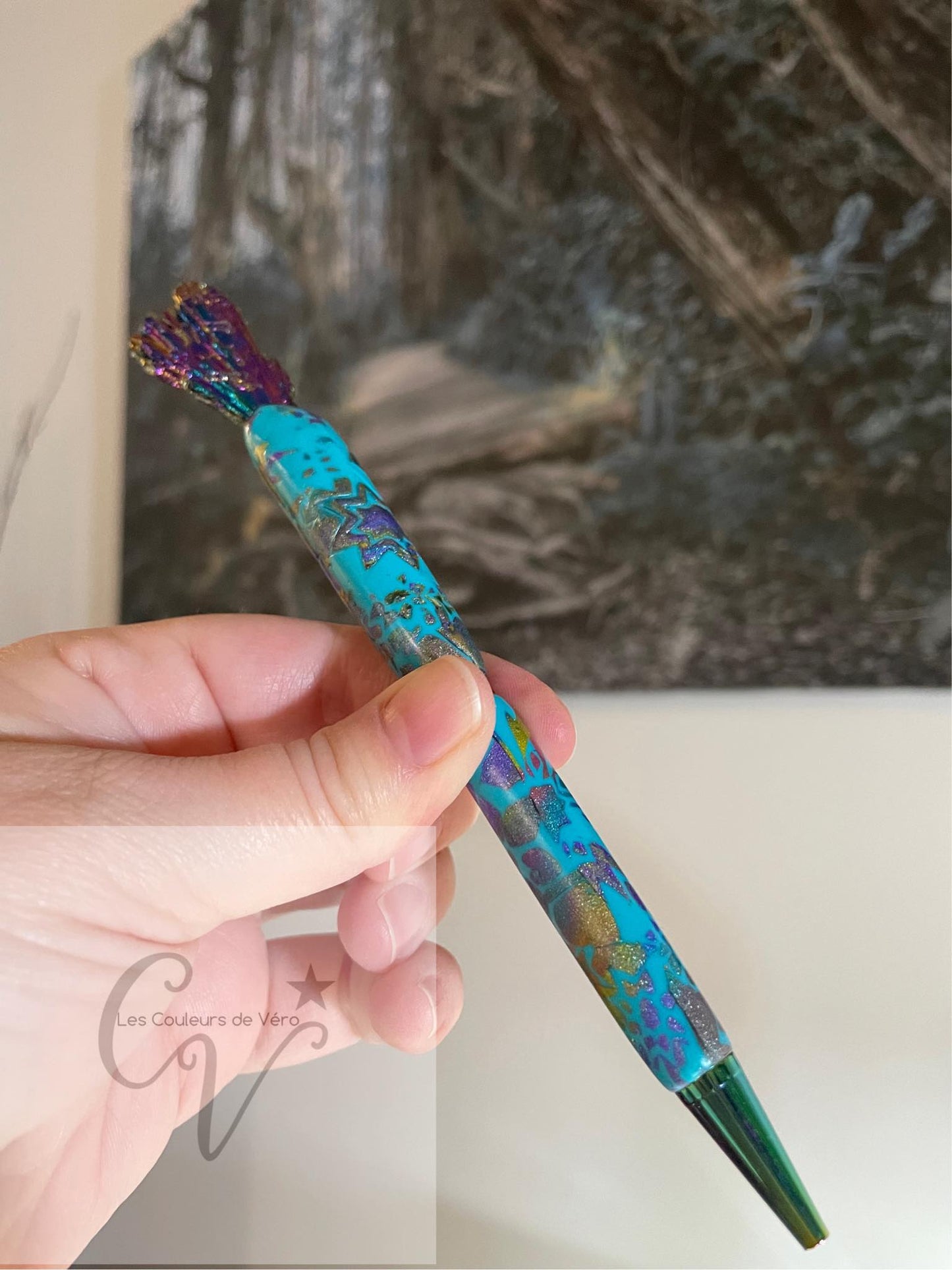 Polymer clay ballpoint pen - adorned with a Natural Black Tourmaline gemstone; This work of art is unique!
