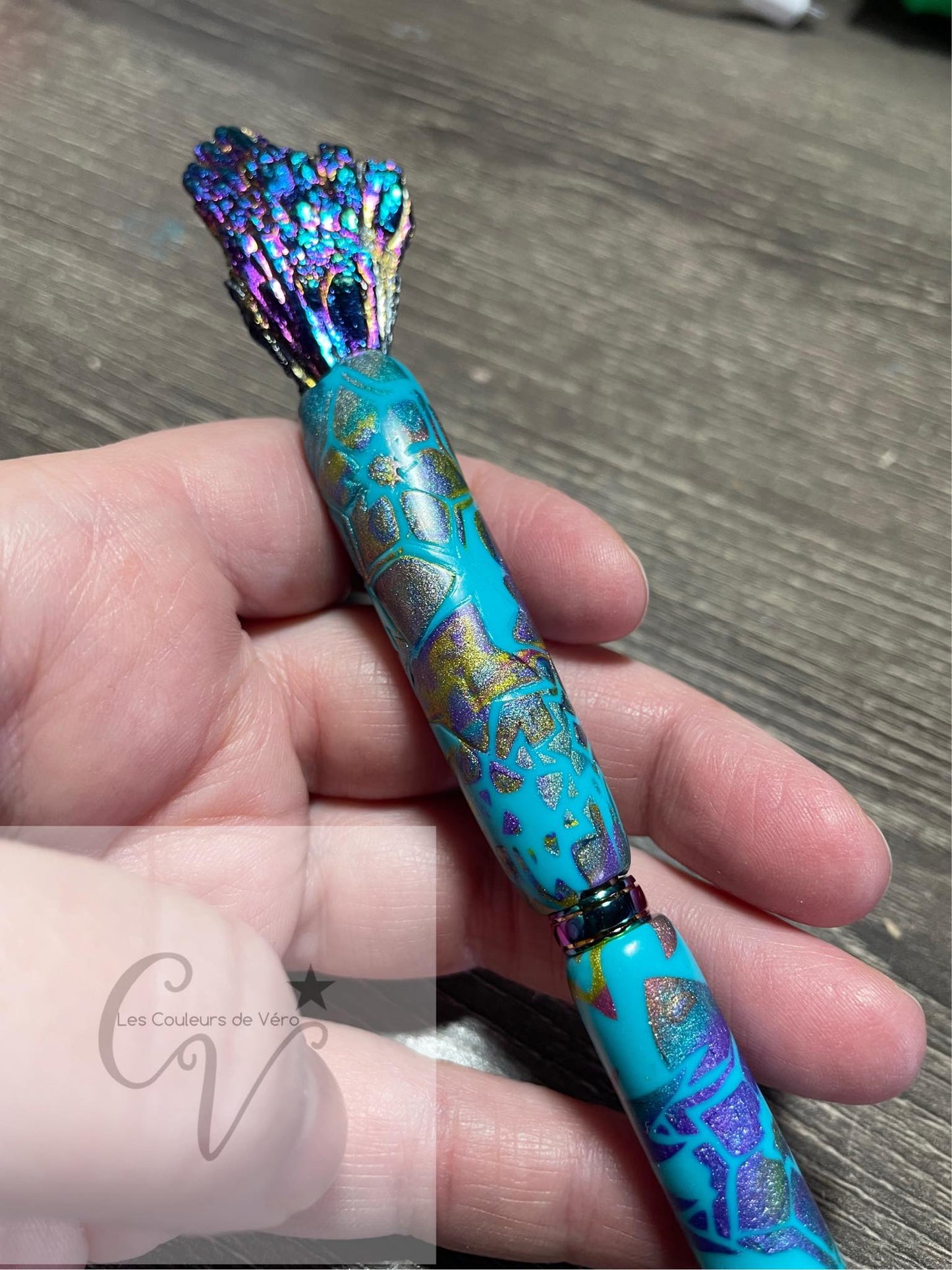 Polymer clay ballpoint pen - adorned with a Natural Black Tourmaline gemstone; This work of art is unique!