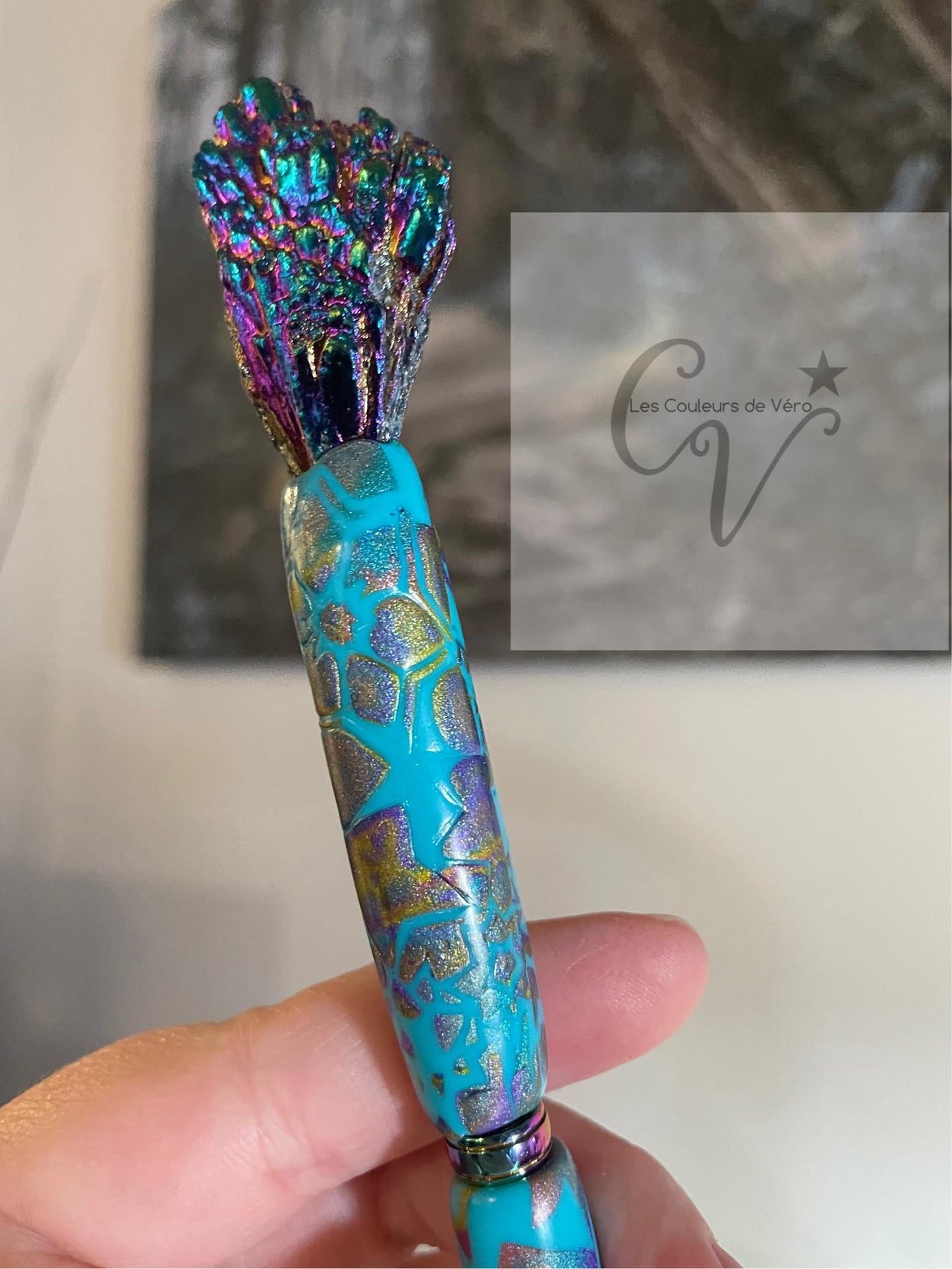 Polymer clay ballpoint pen - adorned with a Natural Black Tourmaline gemstone; This work of art is unique!