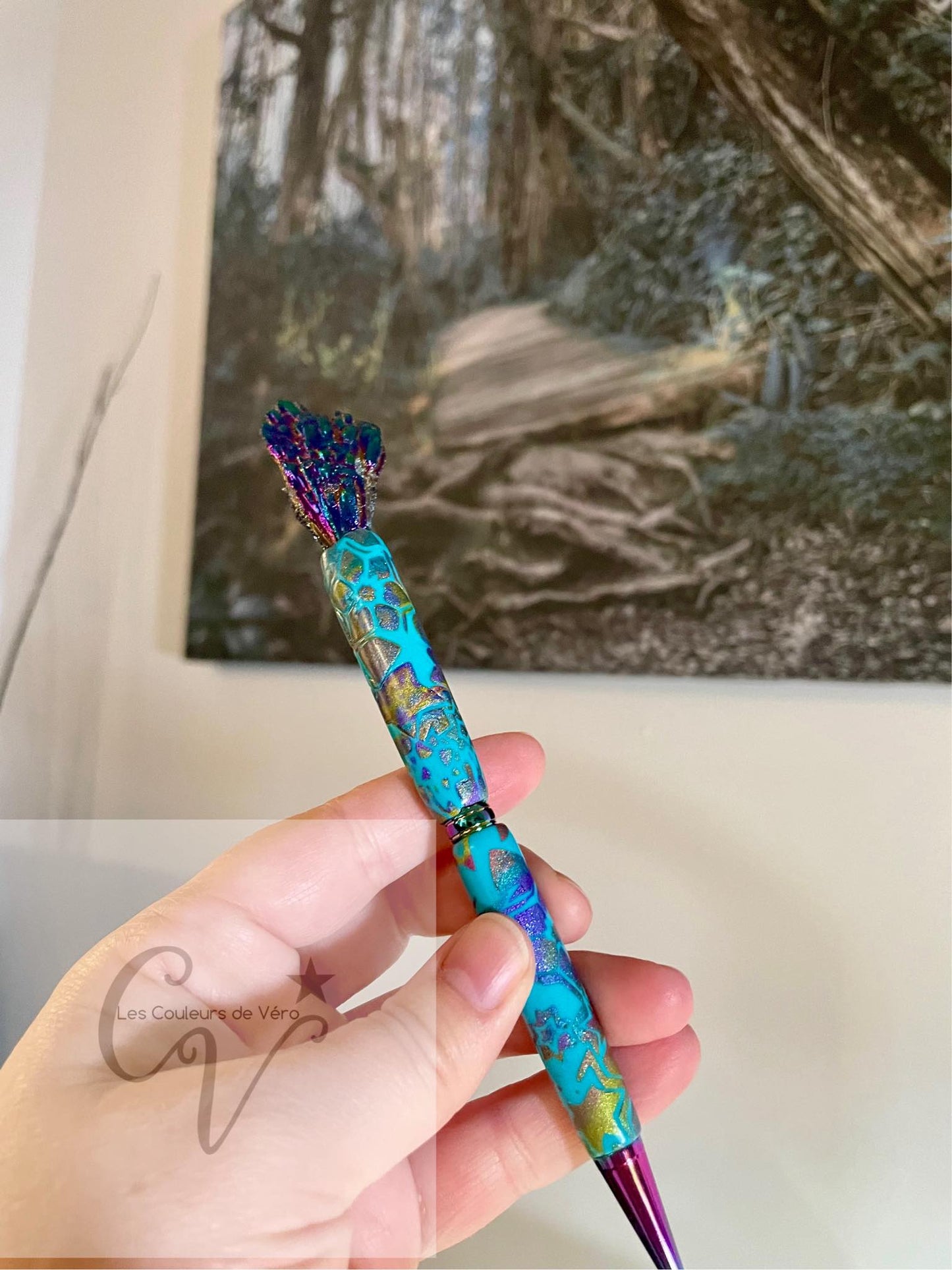 Polymer clay ballpoint pen - adorned with a Natural Black Tourmaline gemstone; This work of art is unique!