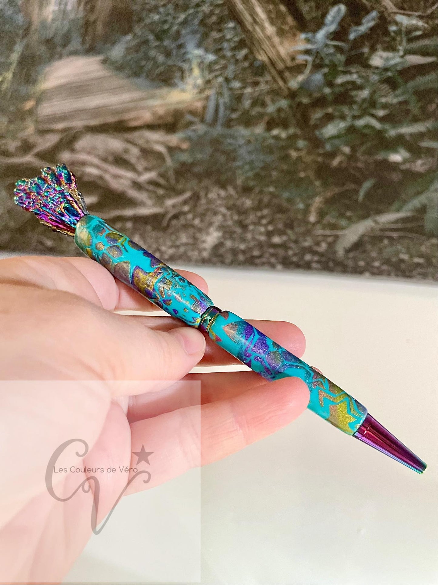 Polymer clay ballpoint pen - adorned with a Natural Black Tourmaline gemstone; This work of art is unique!
