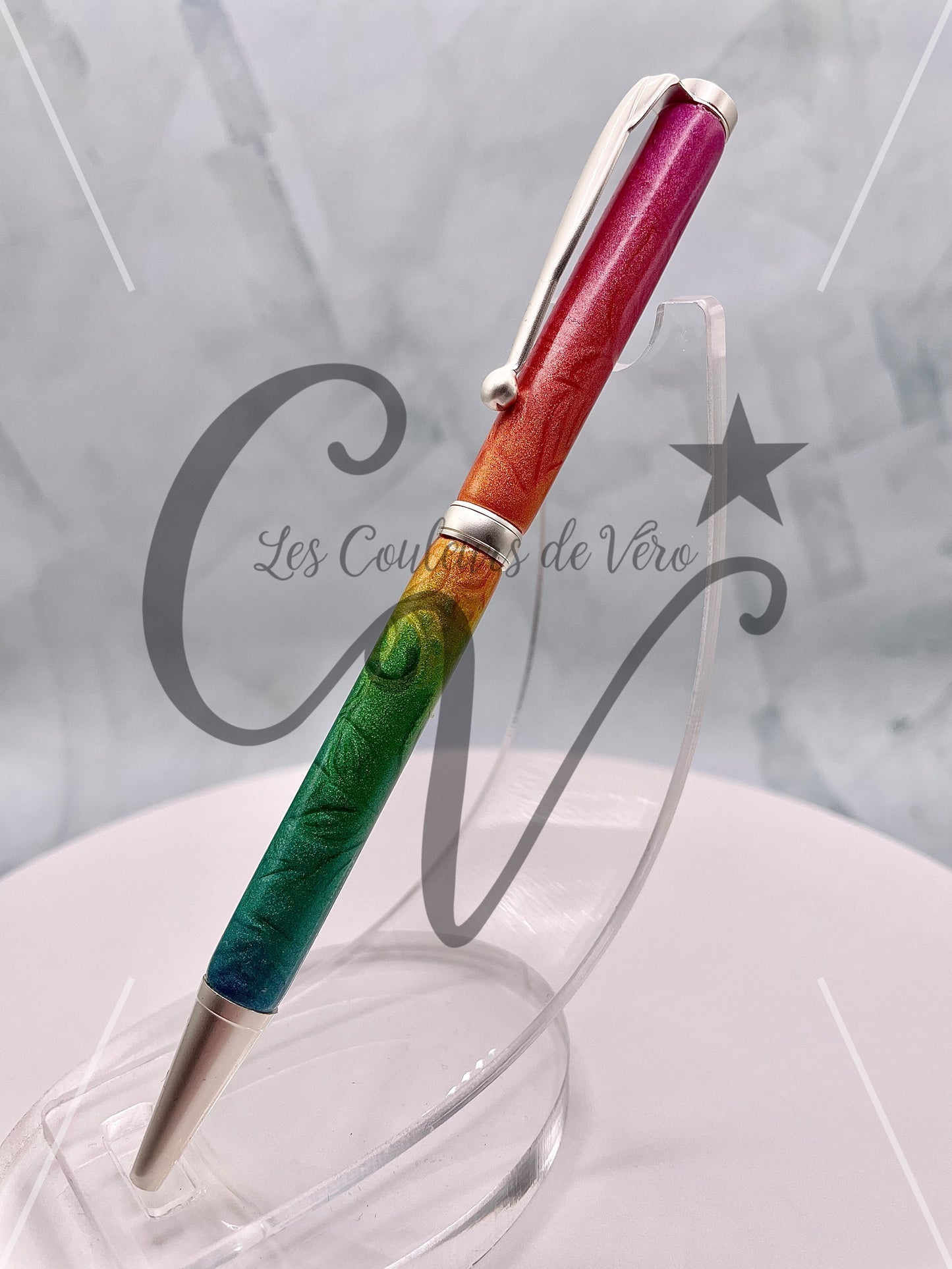 Stylo bille de collection à torsion mince Slimline, plaquage argent brossé; Fleurs d'arc-en-ciel!