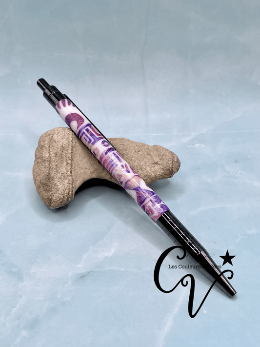 Saxa click retractable ballpoint pen; Purple geometry!