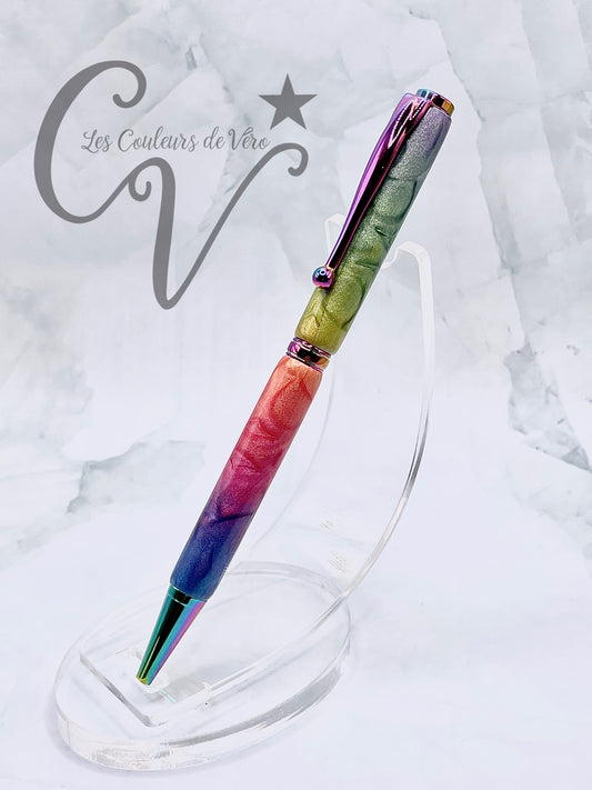 Stylo bille de collection à torsion mince Slimline, placage caméléon; Pétales d'arc-en-ciel!